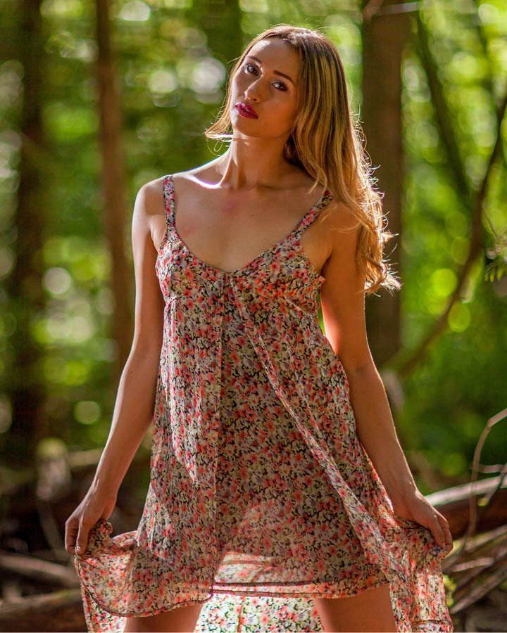 forest fashion with woman model see through dress