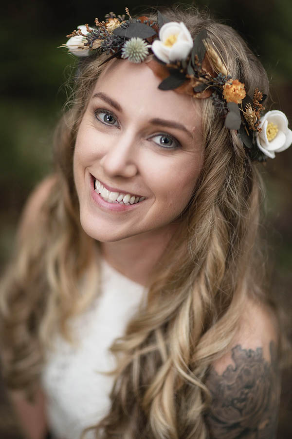 bride with floral hair piece at destination wedding